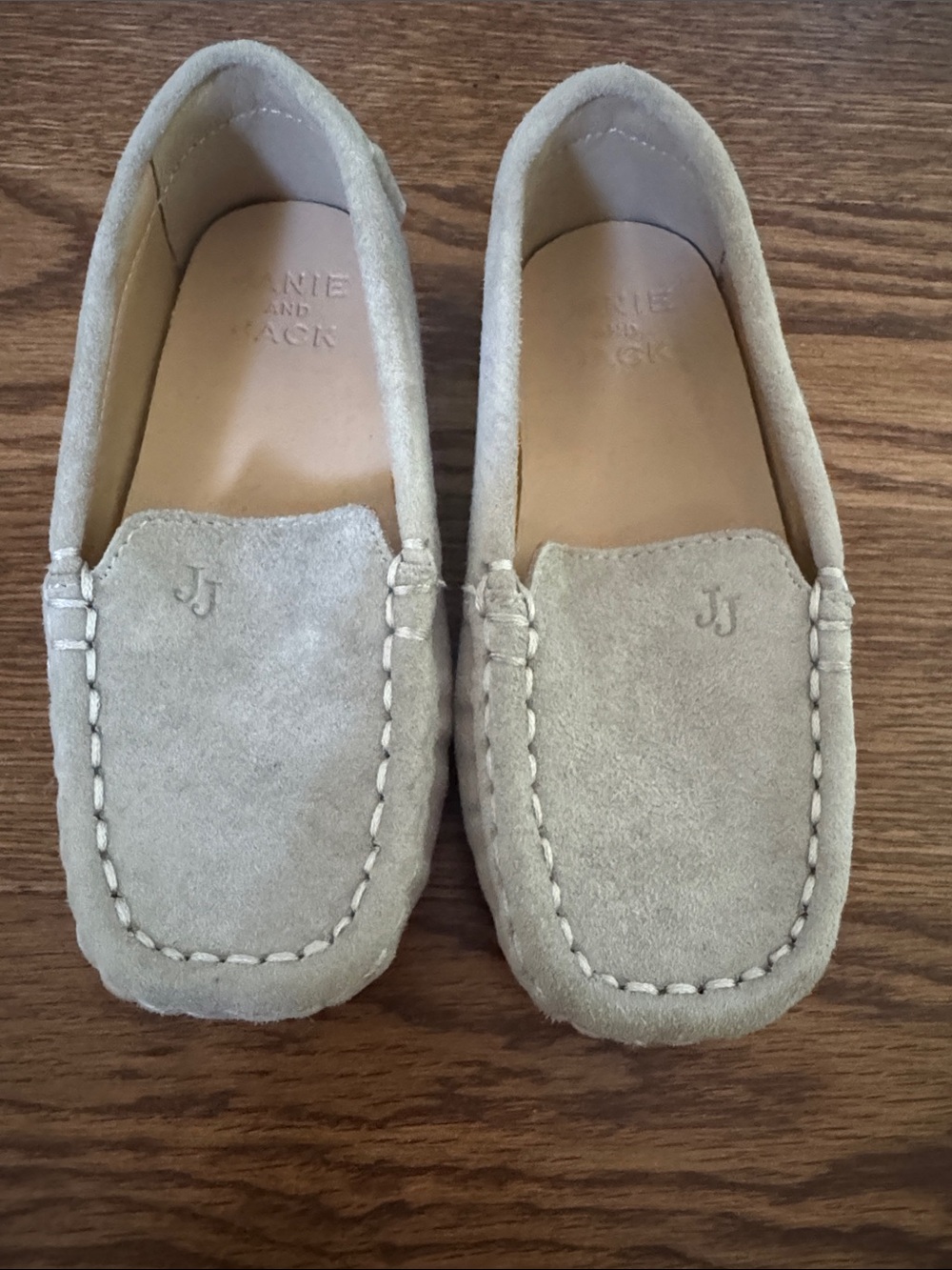 Janie and Jack Suede Moccasin Loafers in Light Taupe - size 8T